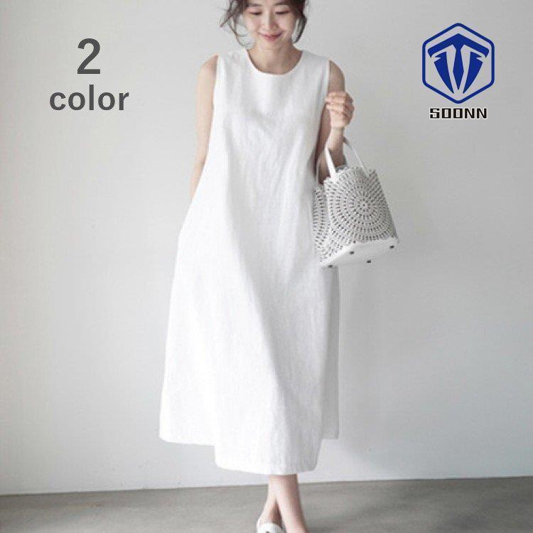 ノースリーブワンピース レディース ラウンドネック テントライン Aライン ロング丈 ナチュラル シンプ..