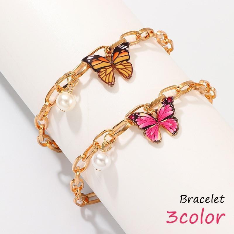 ブレスレット レディース 女性 ファッション小物 雑貨 蝶 バタフライ チェーン フェイクパール 太目 ゴ..