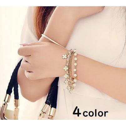 ブレスレット アクセサリー ジュエリー レディース 四つ葉のクローバー フェイクパール 4重 カラフル ゴージャス 存在感あり ゴールド 金色 幸運(4)