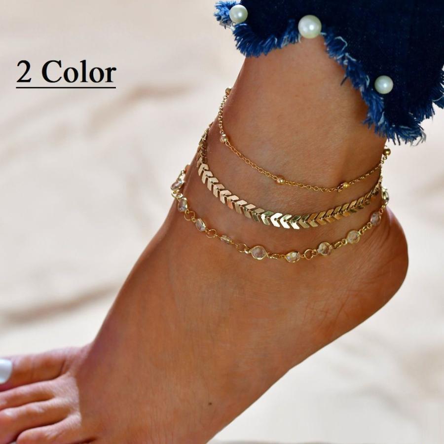 アンクレット レディース 女性 女の子 アクセサリー 3点セット アローチェーン 矢印 あずきチェーン ゴールドカラー シルバーカラー かわいい おし