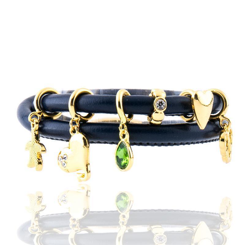 ブレスレット レザー風 2重 チャーム ラインストーン ハート ヒトデ 重ねづけ風 おしゃれ ゴールドカラー 女性 レディース アクセサリー ジュエリ(4)