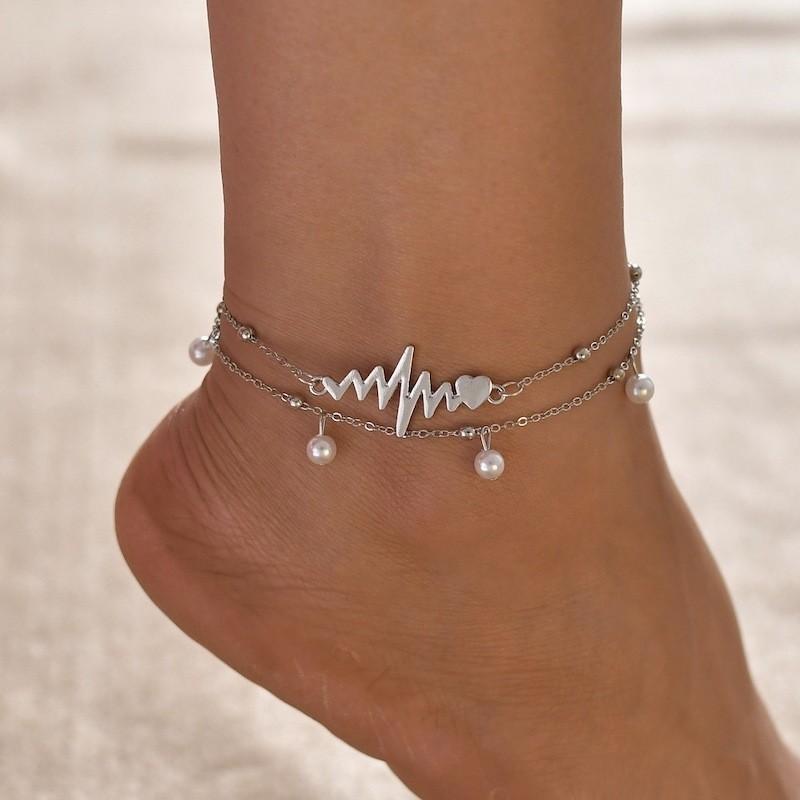 アンクレット アクセサリー レディース 女性用 チャーム フェイクパール シルバーカラー ハートビート ..