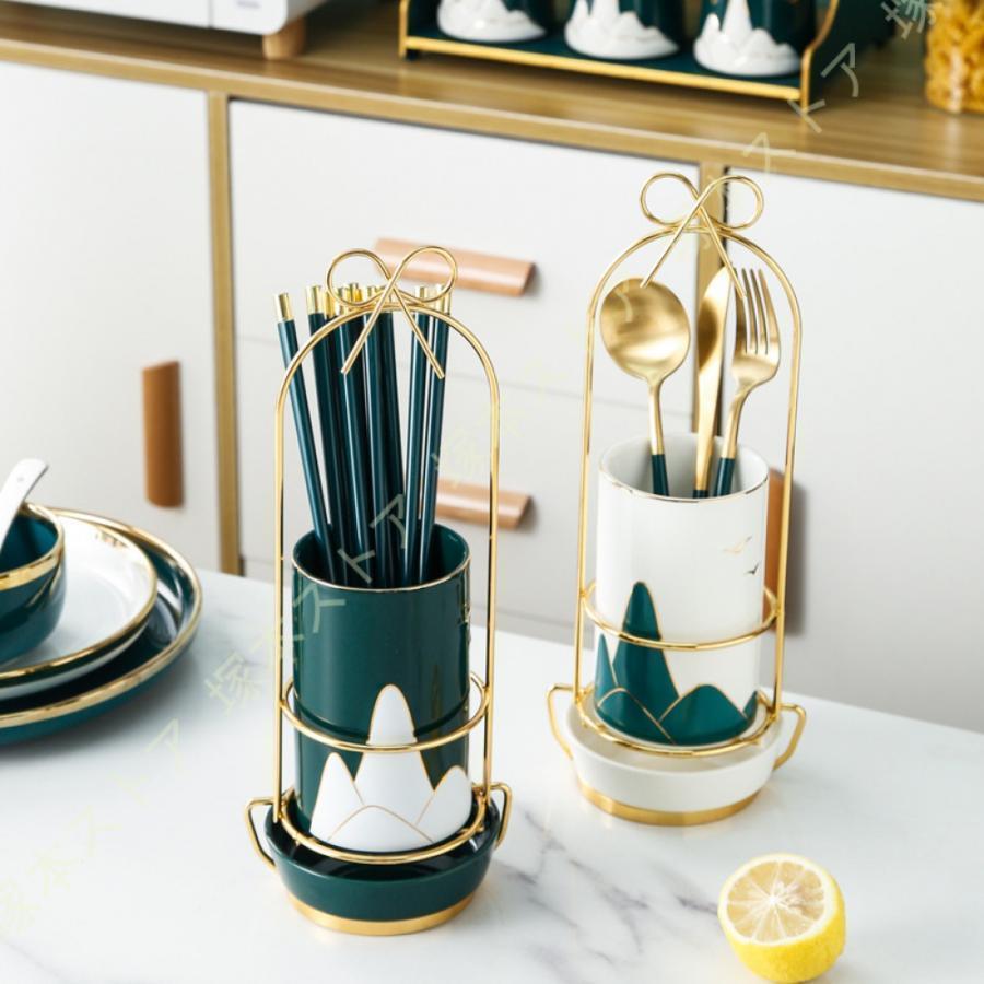 セラミック スプーン入れ 陶器製 箸立て 水切り カトラリースタンド 箸ホルダー 箸ラック カトラリーホ..