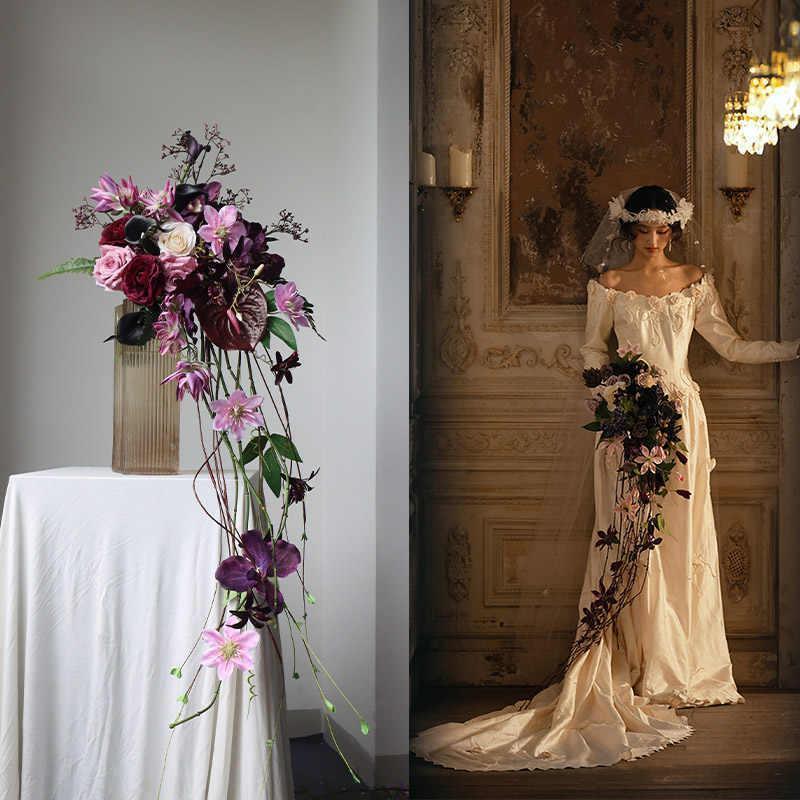 ウェディングブーケ ウエディングブーケ キャスケードブーケ ブライダルブーケ レトロ 花嫁 ブーケ 造花 華やか 結婚式 二次会 披露宴 リゾート婚 パープル 紫