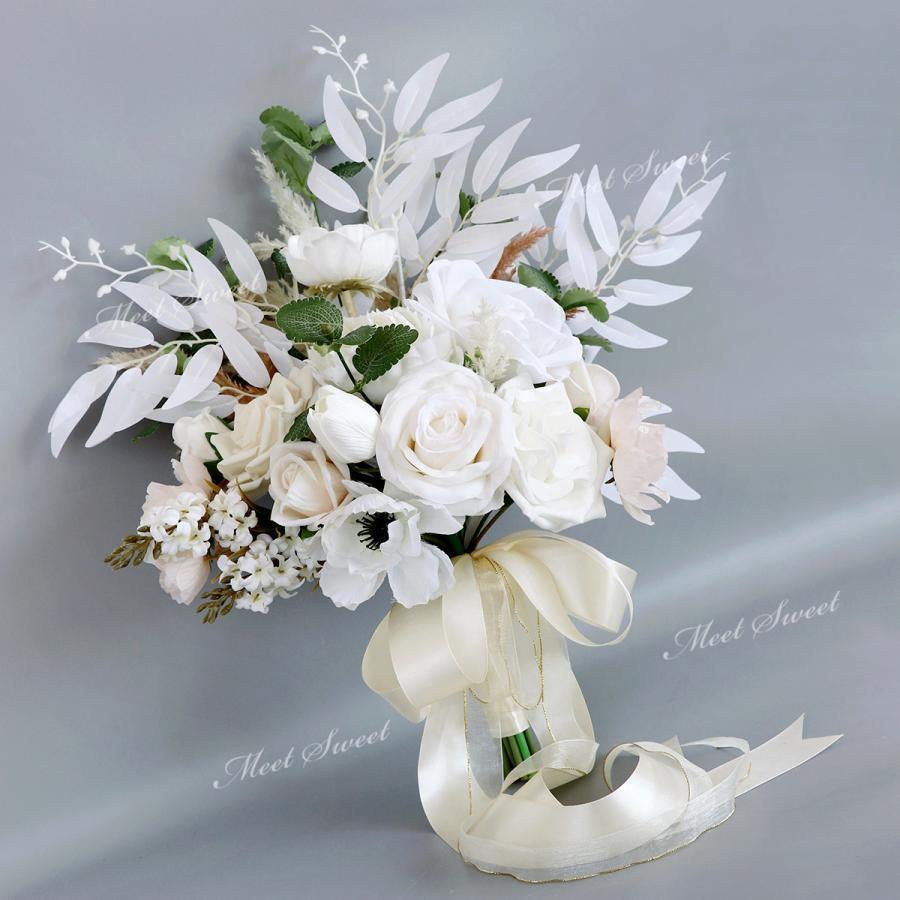 ECフェンスショップのブーケ 造花 ウェディングブーケ ブライダルブーケ ラウンドブーケ ウエディングブーケ 花嫁 造花 可愛い 結婚式 二次会 リゾート婚 ホワイト 白｜アングル2