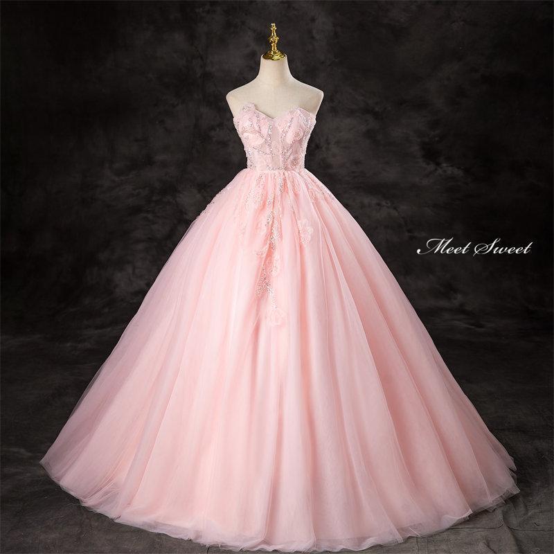 カラードレス ピンク ベアトップ チュール ウェディングドレス ロングドレス 結婚式 二次会 前撮り 演..