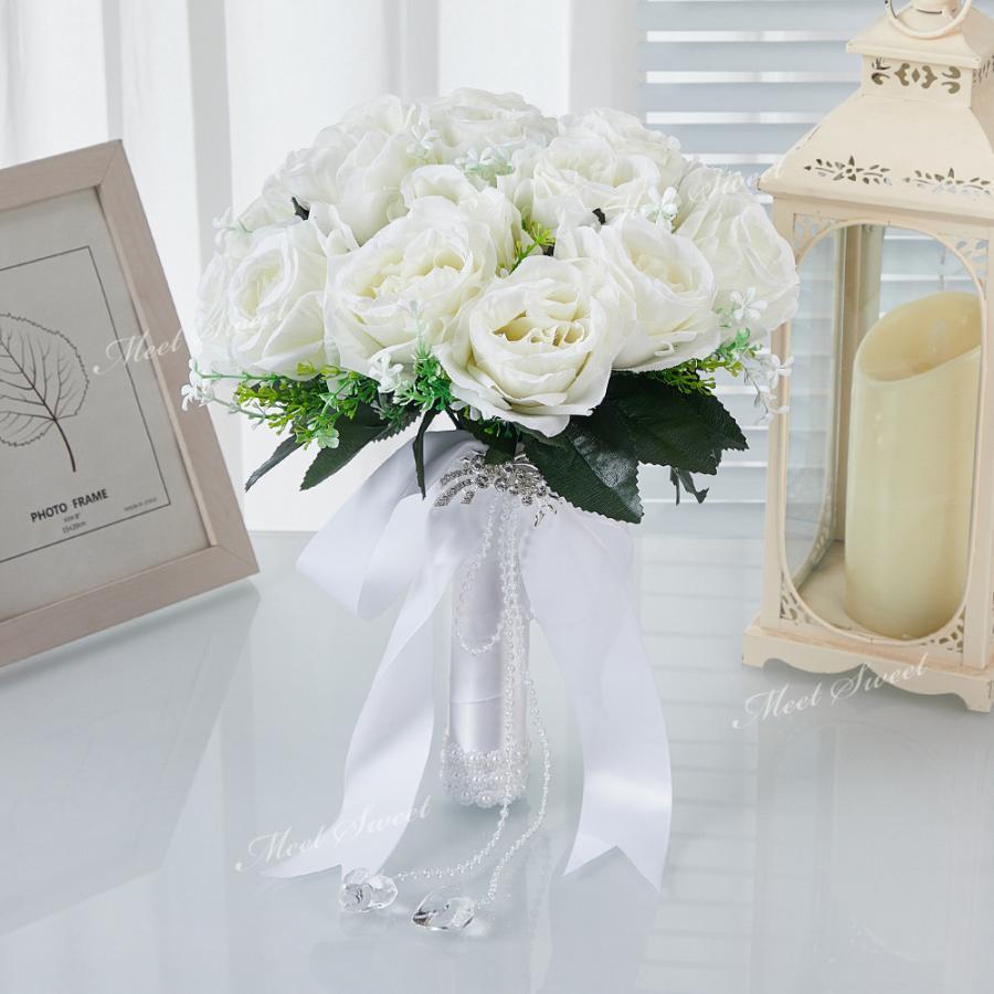 ウェディングブーケ ウエディングブーケ ラウンドブーケ ブライダルブーケ 花嫁 ブーケ 造花 可愛い 結婚式 二次会 リゾート婚 ギフト プレゼント ホワイト 白