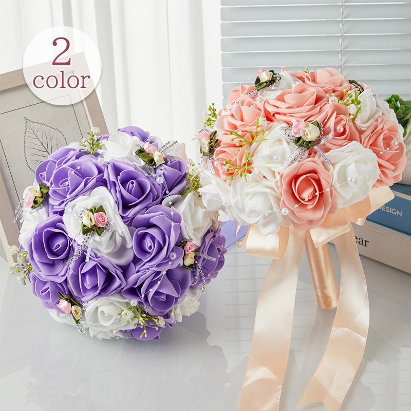 ウェディングブーケ ウエディングブーケ ラウンドブーケ ブライダルブーケ 花嫁 ブーケ 造花 可愛い 結婚式 二次会 後撮り リゾート婚 ピンク パープル 紫