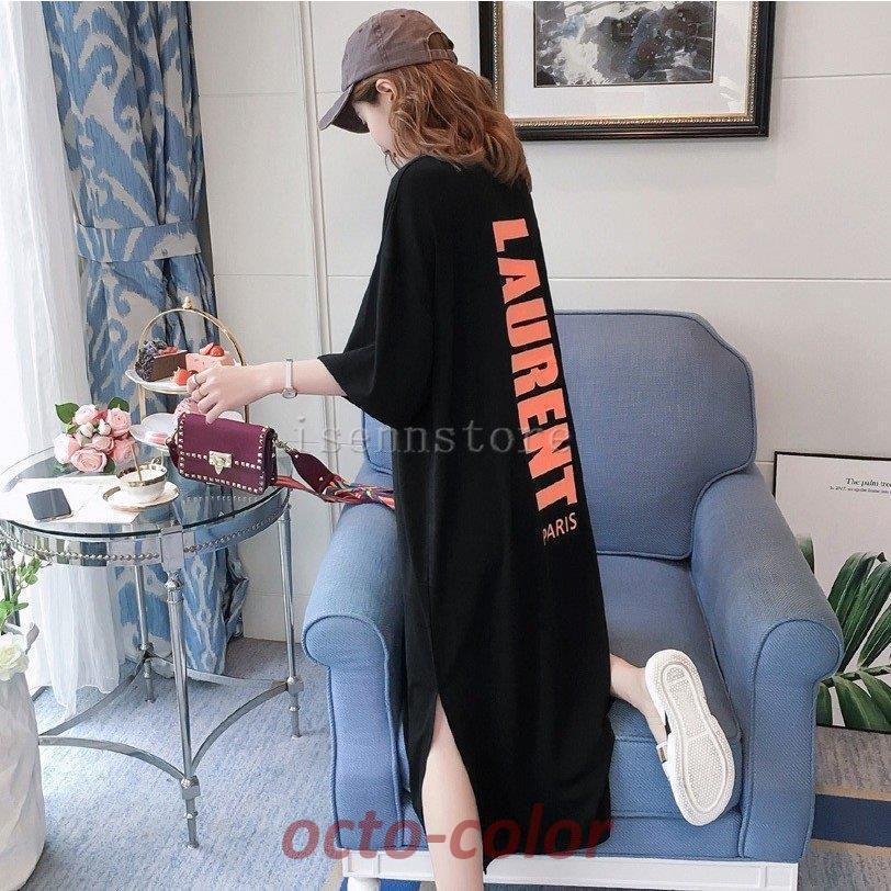 ロゴ入りロングワンピース 半袖 ロングTシャツ レディース チュニック ゆったり 大きいサイズ 英字 スリット入り ミモレ丈 カットソー Tシャツワンピース