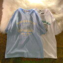 tシャツ レディース 夏 半袖 韓国 ロゴ カットソー Uネック トップス ゆるTシャツ 丸首 プルオーバー カジュアル ロゴ プリント 白 ホワイト ライトブ...