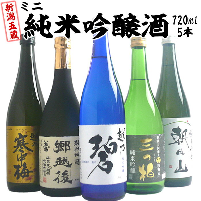 日本酒 飲み比べセット 純米吟醸 酒 720ml 5本 四合瓶 新潟五蔵 飲みくらべ 純米吟醸酒 送料無料 越の碧 三つ柏 郷越後 寒中梅 朝日山 日本酒 お酒 ギフト プレゼント 贈り物 自宅用 晩酌 家飲み 珍しいお酒