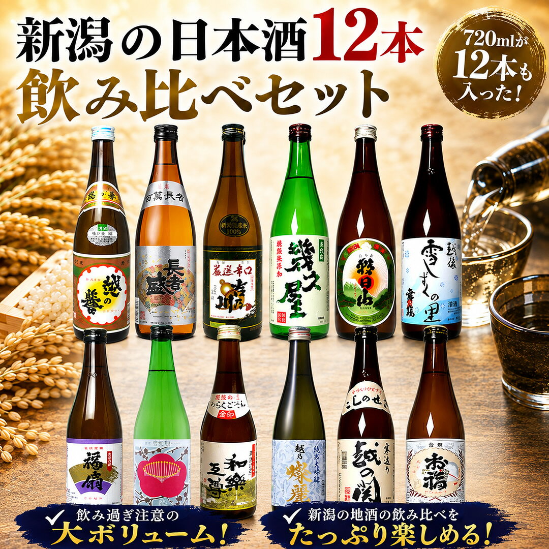 日本酒 純米大吟醸 入り 四合瓶 飲み比べセット 720ml 12本 新潟地酒が12本！豪華な飲み比べセット 日本酒 4合瓶 720 福袋 御祝 日本酒 お酒 プレゼント echigo-10002292 越後銘門酒会 新潟県の酒とグルメ サンプル画像2