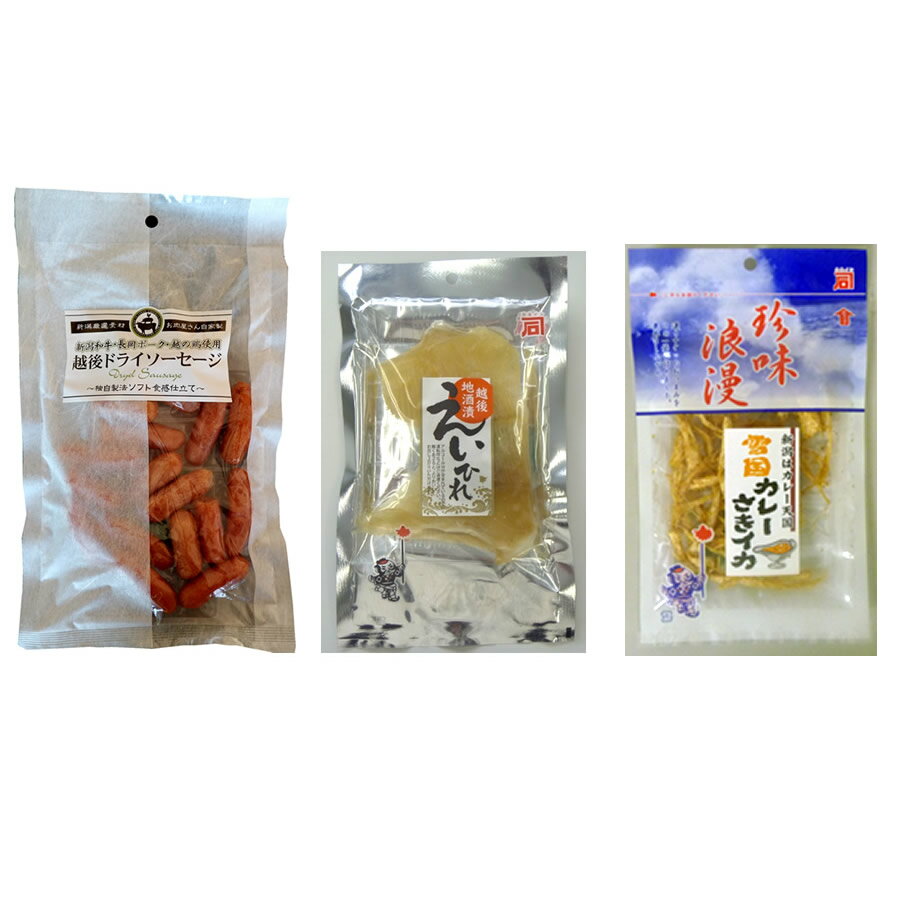 【メール便】長岡おつまみセット【 おつまみ3選B 】雪国カレーさきイカ20g 越後地酒漬えいひれ30g 越後ドライソーセージ120g 珍味 海鮮 酒の肴 干物 ...