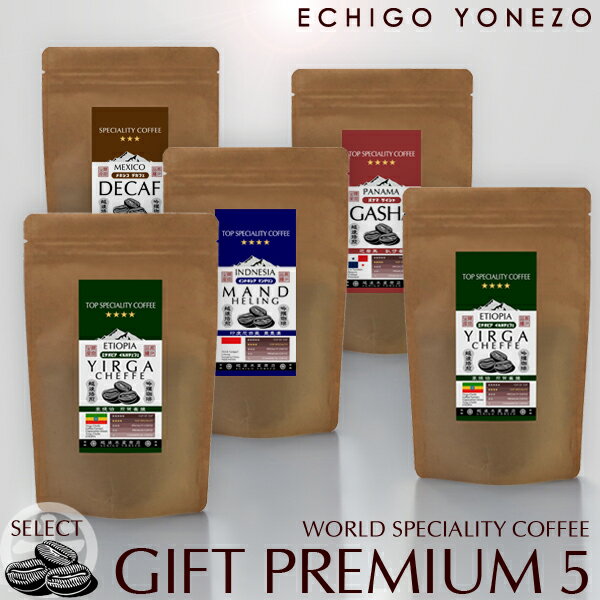【スペシャルティ珈琲】 ワールドセレクト ギフト プレミアム 5 イルガチェフェ・マンデリン・カトゥアイ・ゲイシャ・デカフェ 自在選択可 豆粉選択可 新潟珈琲職...