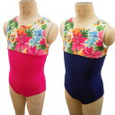 【 S・ M サイズ 】 日本製 ノースリーブ レオタード ハイビスカス 華やか 花柄 子供 大人 レオタード ジュニア アダルト 袖なし オペコット 光沢 新...