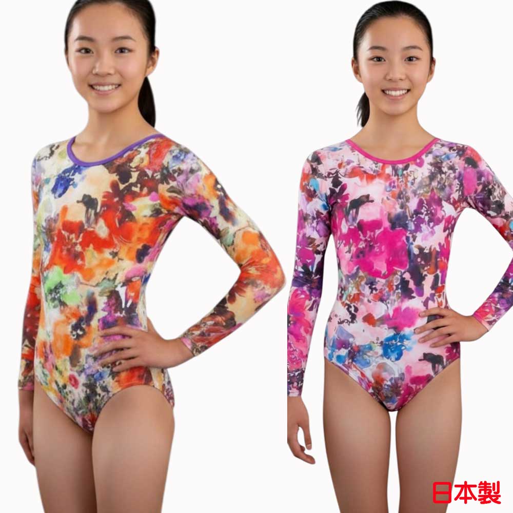 乐天商城 - 長袖レオタード 素敵な花柄 130cm 140cm 150cm 子供 体操 新体操 器械体操 トランポリン ダンス ヨガ 柄 可愛い 大会 発表会 練習用 おしゃれ ピンク ブラック ジュニア 日本製 送料無料 高伸縮【kyougi】