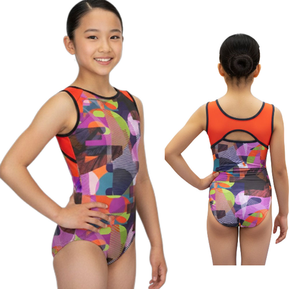新体操 レオタード子供 女の子 おしゃれ スポーティ 140/150cm オレンジ レオタード 日本製 ノースリーブ 可愛い 子供 プール 水着 競泳水着 ジュニア 袖なし 器械体操 体操 バレエ 練習用 競技用 トリコット 【jsi】