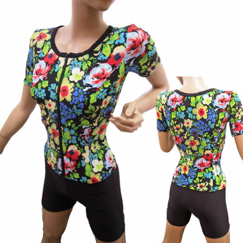 フィットネス水着 レディース セパレート オシャレ 半袖 セパレート水着 フラワー 女性用 婦人水着 スイミング 水中ウォーキング おしゃれ 柄物 華やか グリ...