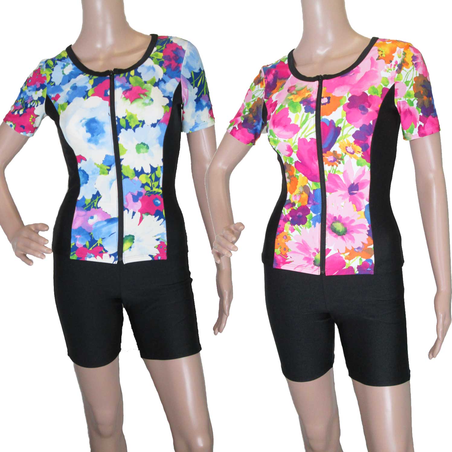 綺麗な柄の フィットネス水着 半袖 レディス 女性用 婦人 水着 花 ピンク 水色 ブルー リゾート スイミング 水中ウォーキング ノーマル 柄物 プリント 母...