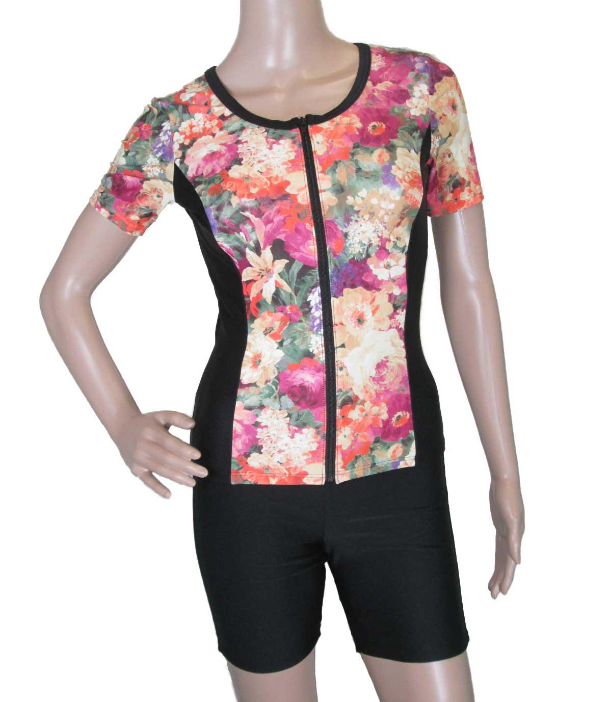 フィットネス水着 レディース セパレート 半袖 セパレート水着 裏地付き セパレート 前開き オシャレ パット付き 花柄 袖付き 足つき 体型カバー 母の日 贈...