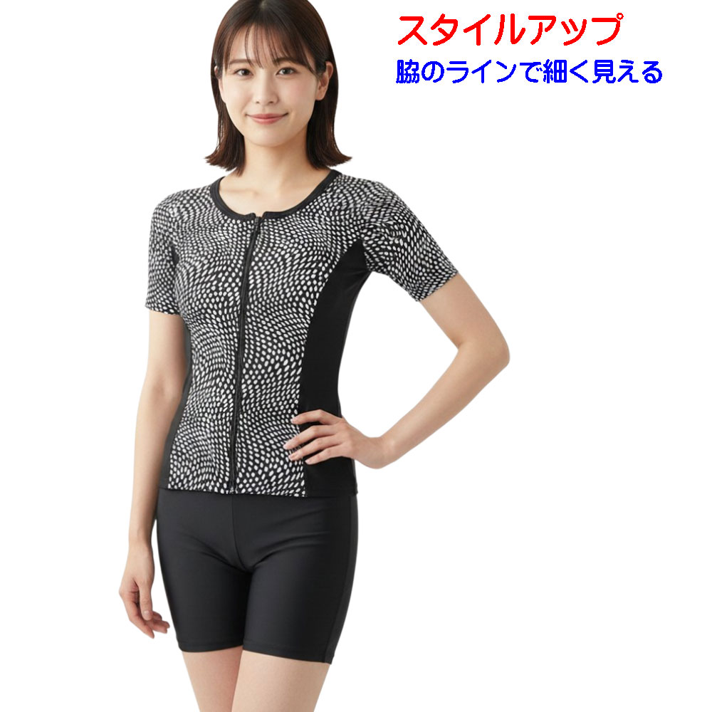 樂天商城 - 日本製 フィットネス水着 レディース セパレート オシャレ レディス 半袖 セパレート水着 おしゃれな ドット 柄 9号 11号 13号 15号 17号 女性用 婦人水着 リゾート スイミング 水中ウォーキング ノーマル 柄物 シニア 母の日 贈答 敬老の日 クリスマス プレゼント