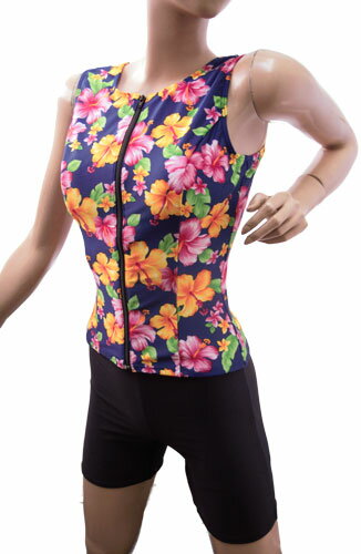 フィットネス 水着 レディース M L 【ネイビー】 オープンファスナー セパレート水着 ハイビスカス柄 花柄 セパレート 体型カバー 30代 40代 50代 ...