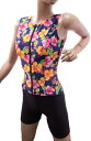 フィットネス 水着 レディース M L 【ネイビー】 オープンファスナー セパレート水着 ハイビスカス柄 花柄 セパレート 体型カバー 30代 40代 50代 60代 70代 80代 袖なし ノースリーブ カッコいい 大人用 母の日 贈答 敬老の日 クリスマス プレゼント 日本製(4)