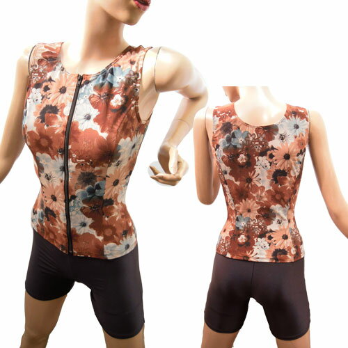 フィットネス水着 レディース セパレート オシャレ L LL 3L 11号 13号 15号 オープンファスナー セパレート水着 セピア色の思い出 素敵な柄 体型...