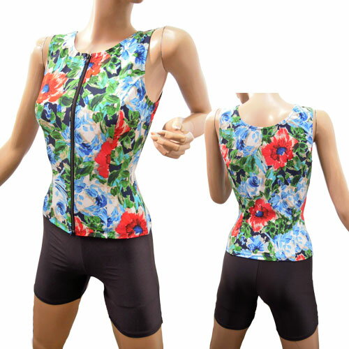 フィットネス 水着 レディース オープンファスナー セパレート水着 ブルー系 お洒落な柄 フィットネス水着 レディース セパレート 体型カバー 30代 40代 ...