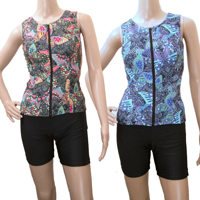 フィットネス水着 日本製 レディース セパレート オシャレ 3Lサイズ オープンファスナー セパレート 水着 蝶 大きいサイズ 15号 スイミング スポーツ 袖...