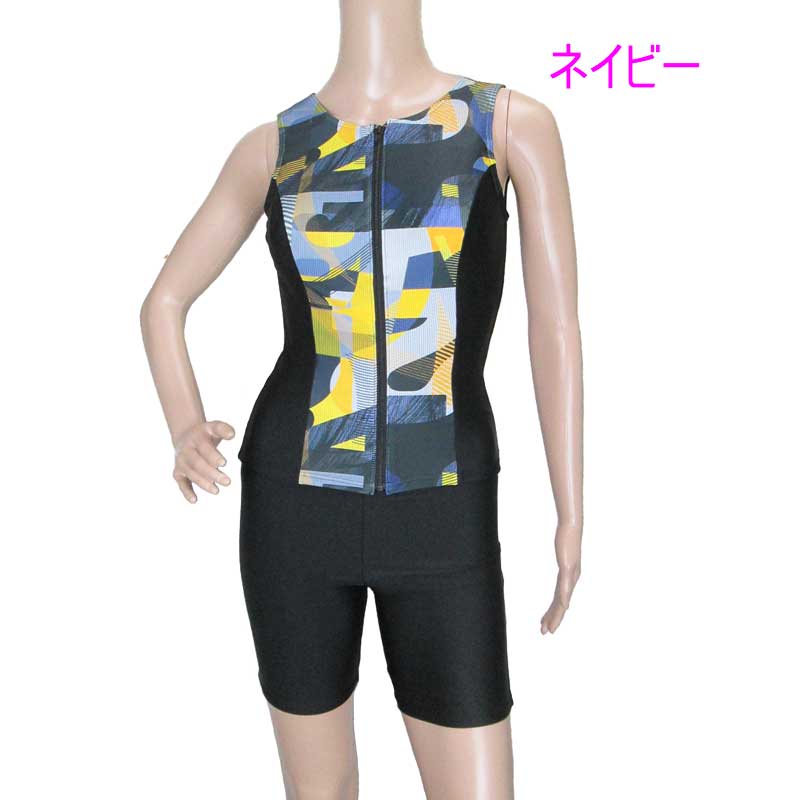 水着 レディース 体型カバー フィットネス水着 2L サイズ オープンファスナー セパレート水着　素敵な柄 フィットネス スタイルがよく見える 30代 40代 50代 60代 70代 80代袖なし ノースリーブ おしゃれ 大人用 母の日 贈答 敬老の日 クリスマス プレゼント 日本製 2