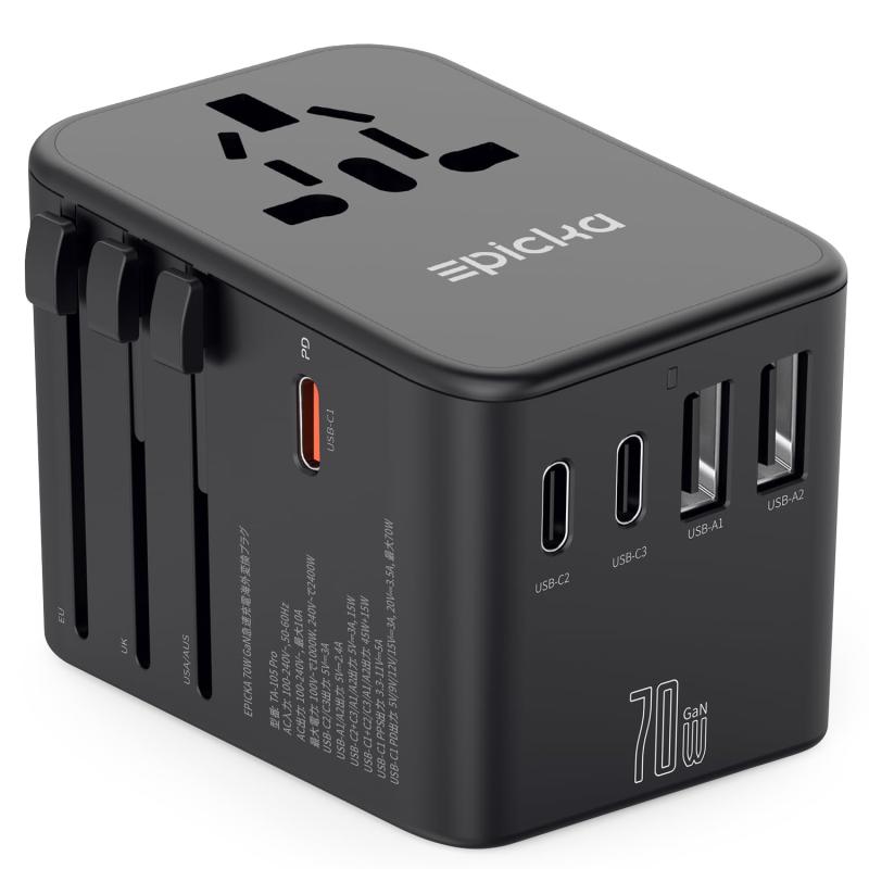 EPICKA 70W PD 急速充電 海外 変換プラグ 全世界対応 C/BF/O/Aタイプ マルチ変換プラグ 3つUSB-Cと2つUSB-Aポート付き ヨーロッパ/韓国/オーストラリア/イギリス/アメリカ/中国などの国に対応海外旅
