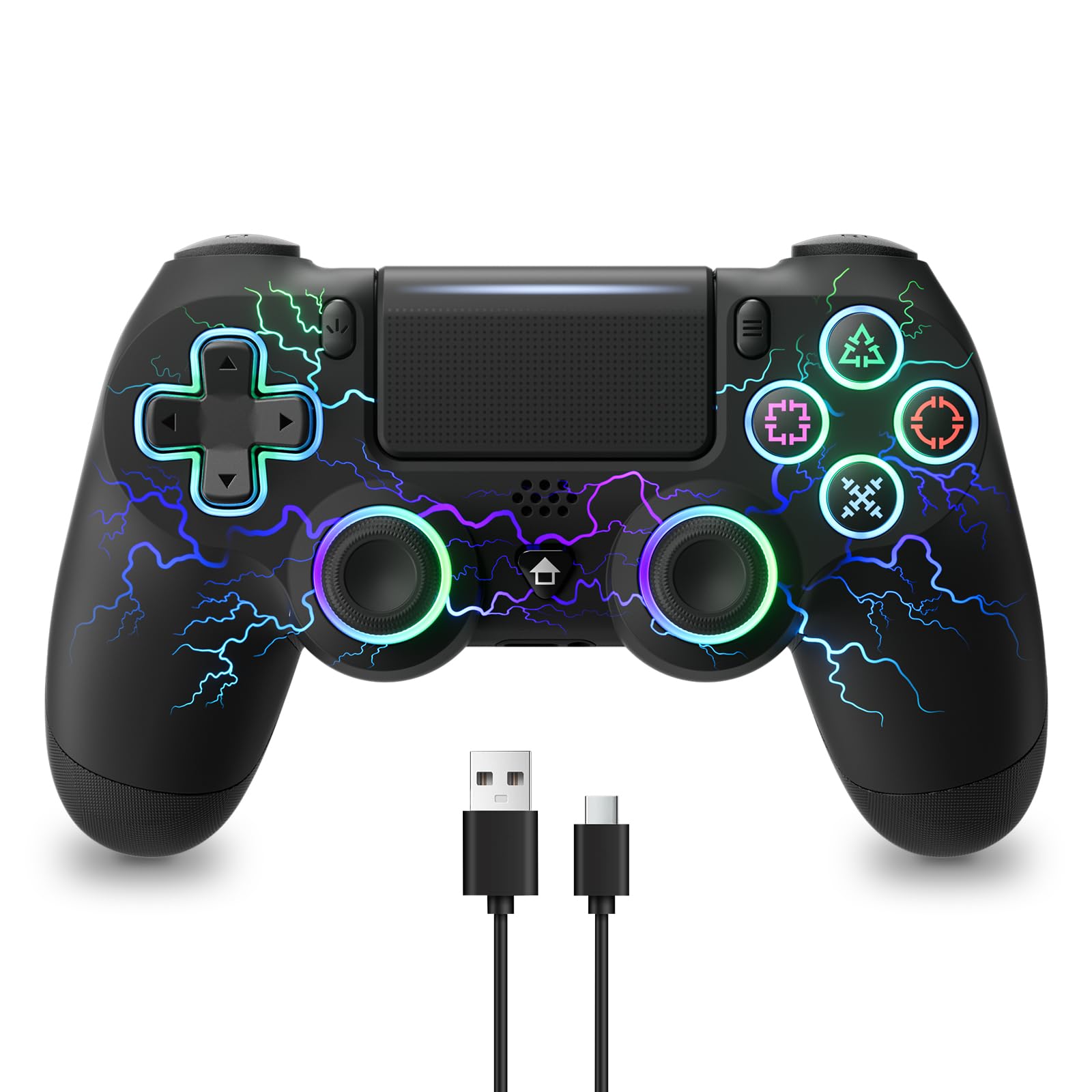 ECHTPower PS4 コントローラー ワイヤレス 無線/有線 ホール効果スティック 背面ボタン RGBライト TURBO連射 振動調整 1000mAhバッテリー ジャイロセンサー搭載 3.5mmイヤホンジャック P3/P4/P4 Pro/Slim/PC/スマホに対応
