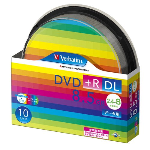 三菱ケミカルメディア Verbatim製 データ用DVD+R DL 片面2層 8.5GB 2.4-8倍速 ワイド印刷エリア スピンドルケース入り 10枚 (DTR85HP10SV1)