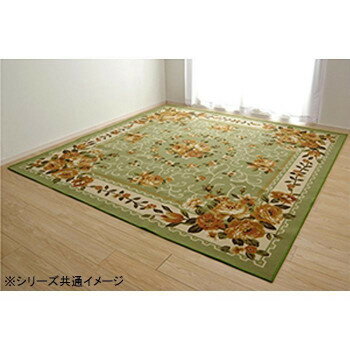 イケヒコ ナイロン 花柄 カーペット 撥水 速乾 グリーン 江戸間8畳(約352×352cm)