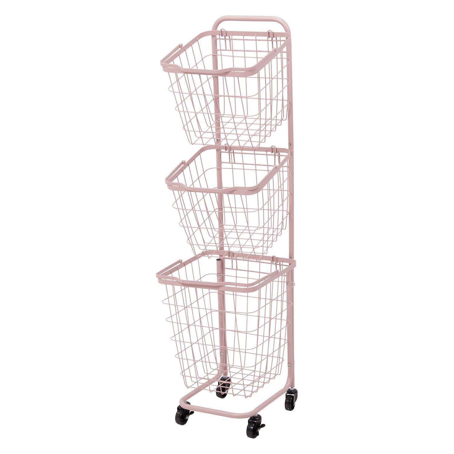 HAGIHARA 萩原 萩原 ランドリーラック バスケット 脱衣 洗濯物 かご 3段 【取り外し・積み重ねOK】 大容量 ランドリーワゴン ワイヤー キャスター付 ピンク KR-3971PI