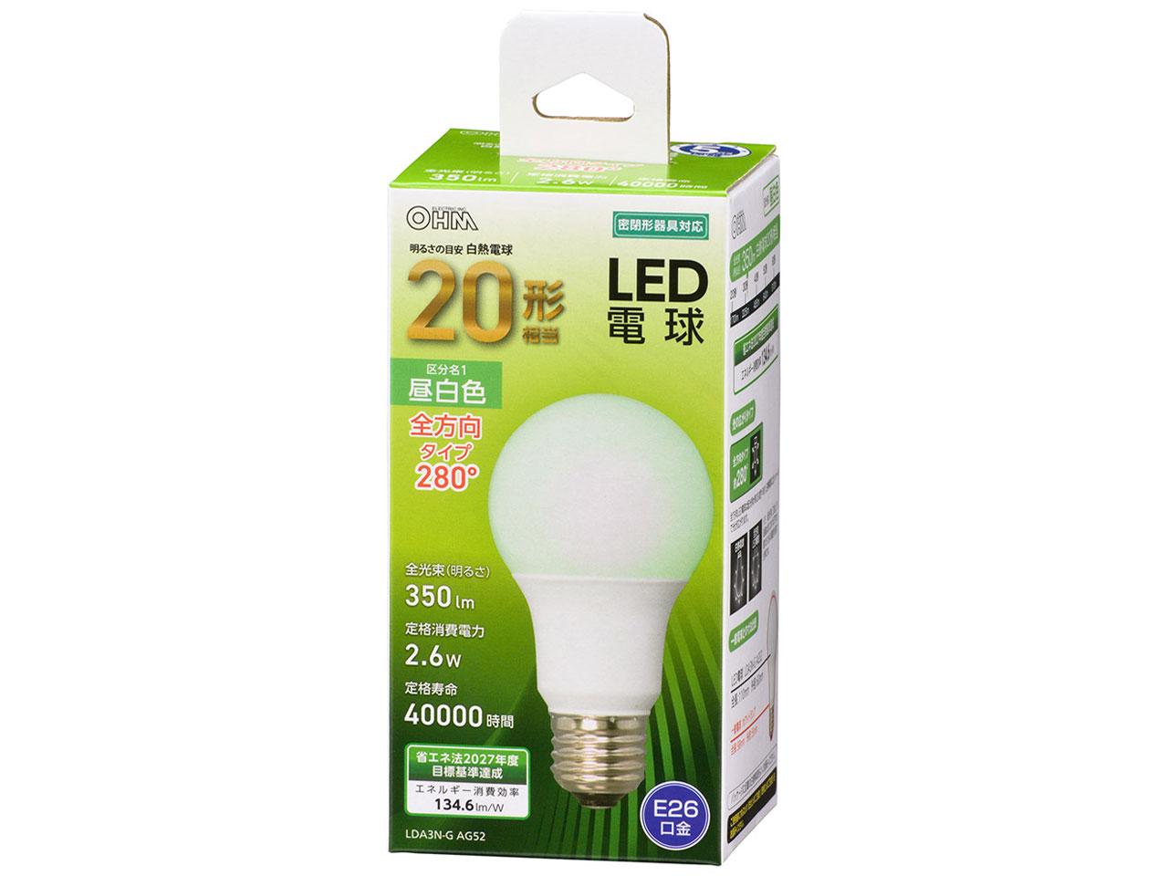 OHM �������ŵ� LED�ŵ�(20������/350lm/����/E26/������280��/̩�ķ�����б�) LDA3N-G AG52