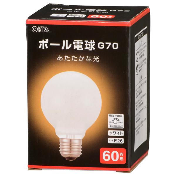 OHM オーム電機 白熱ボール電球(G70/60W形/E26/ホワイト/700 lm/電球色/調光機能対応) LB-G7660K-WN