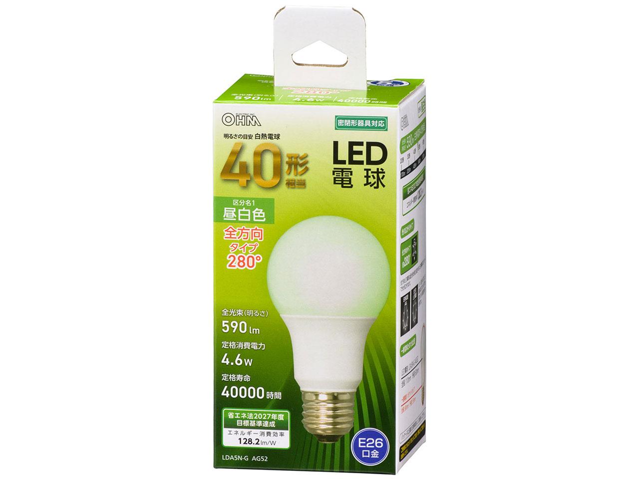 OHM �������ŵ� LED�ŵ�(40������/590lm/����/E26/������280��/̩�ķ�����б�) LDA5N-G AG52