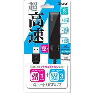ナカバヤシ 4ポートUSBハブ USB3.0(1ポート)+USB2.0(3ポート) ブラック(UH-3014BK)
