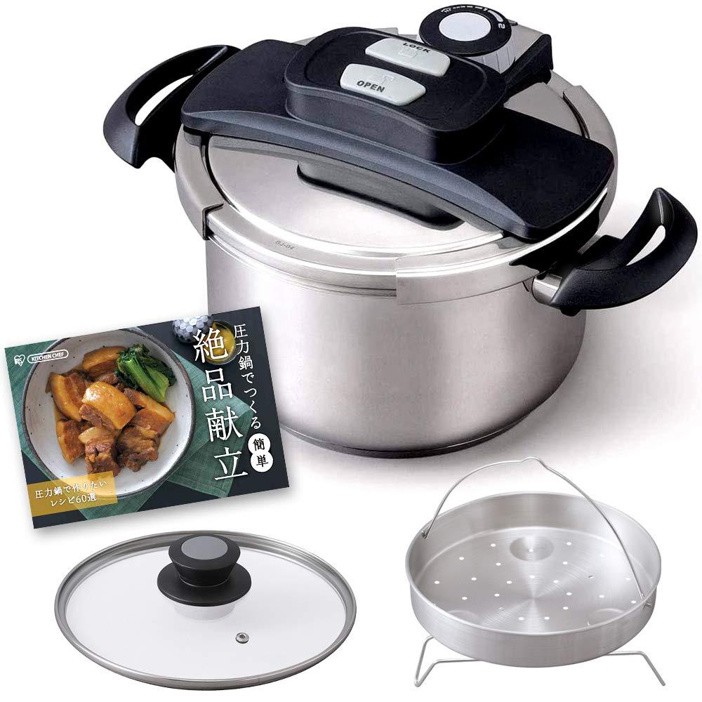 IRISOHYAMA アイリスオーヤマ アイリスオーヤマ 圧力鍋 5L 両手鍋 ワンタッチ開閉 圧力2段切替 安全ロック機能 5点セット(60品目の レシピブック 鍋 圧力蓋 中かご ガラス蓋) RAN-5L