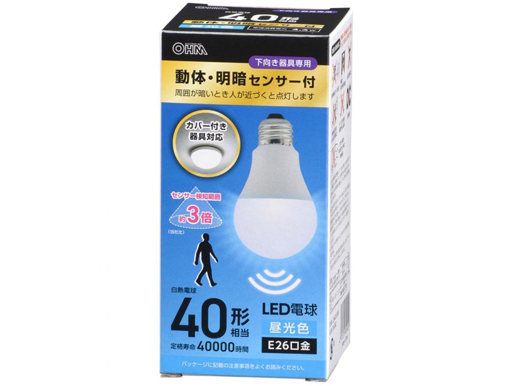 OHM オーム電機 LED電球(40形相当/動体・明暗センサー付/下向き器具専用/昼光色/580 lm/E26/4.4W) LDA4D-G-MW