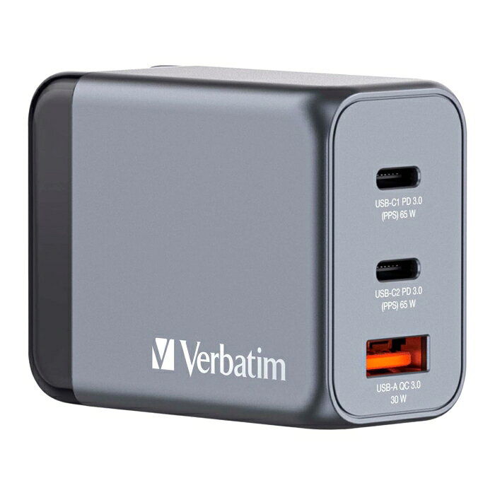 &nbsp;メーカー&nbsp;VERBATIM&nbsp;商品カテゴリ&nbsp;充電器・チャージャー＞AC式充電器&nbsp;発送目安&nbsp;1日〜2日以内に発送予定（土日祝除）&nbsp;お支払方法&nbsp;銀行振込・クレジットカード&nbsp;送料&nbsp;送料無料&nbsp;特記事項&nbsp;&nbsp;その他&nbsp;[ACアダプター/充電器(携帯オーディオ)]GaN(窒化ガリウム)採用 PD対応 急速充電器 最大出力65W ◆ 次世代半導体素材「GaN(窒化ガリウム)」搭載で、高出力ながら軽量・コンパクトデザインを実現。PD3.0 PPSおよびQC3.0対応で、充電時の発熱を抑えながら、高速でスマートフォンやタブレット、パソコンなどのデバイスを充電することが出来ます。■65W 最大3台のデバイスを同時に充電することが出来ます。・USB-C(PD 65W)×2 ・USB-A(QC 30W)×1 ※3台同時合計出力:最大65W