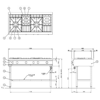 マルシェ&キッチンカーWORLDのコメットカトウ ガスレンジ XYシリーズ D=600 テーブルタイプ 1200×600×800 XY-1260T 12A・13A(都市ガス)【メーカー直送/後払い決済不可】【ECJ】｜アングル2