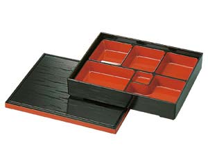 【まとめ買い10個セット品】 エ698-238 [A]尺1寸長手ヘギ目松花堂 黒渕朱(6ツ仕切付)【キャンセル/返品不可】【ECJ】