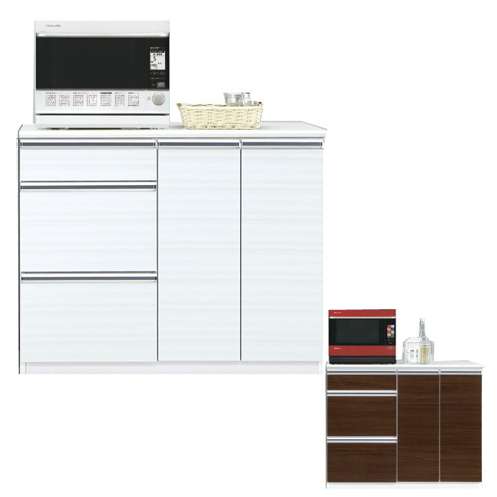 乐天商城 - キッチンカウンター 幅110 完成品 キッチン収納 鏡面 艶あり 光沢あり カウンター ホワイト 白 ブラウン / 木目 背面化粧仕上げ フルスライドレール 箱組 引き出し 北欧 モダン 送料無料 通販 nd-0013