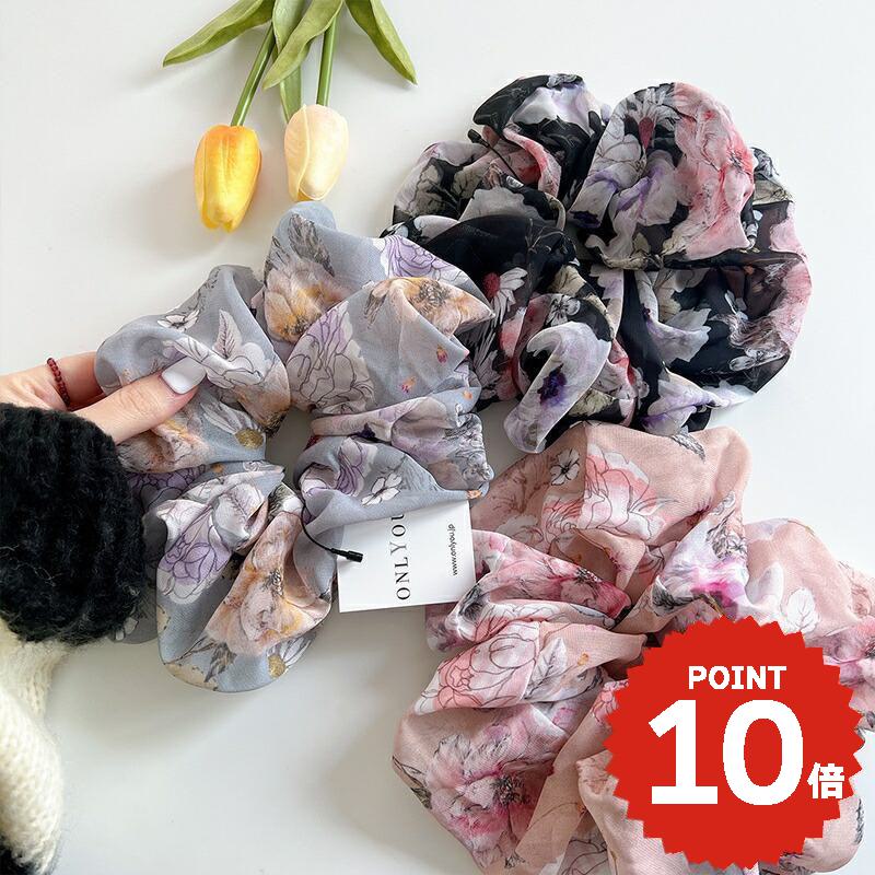 ヘアアクセサリー ヘアゴム シュシュ 花柄 フラワー シンプル ポニー 大きめ ボリューム 簡単 ア ...