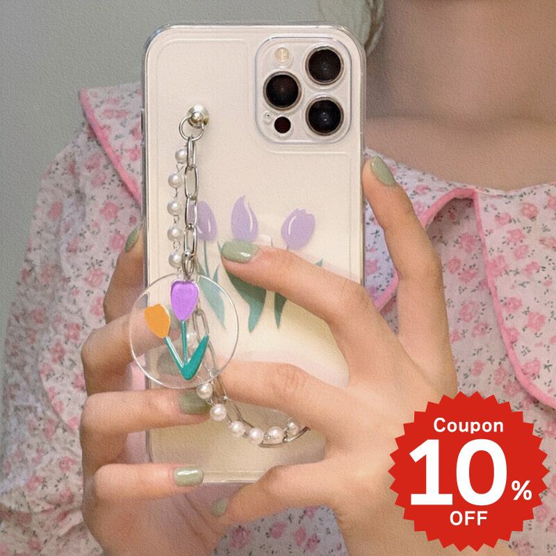 乐天商城 - iphone12 ケース mini pro max iphone11 アイフォン iPhone ケース iphonexrケース iphone se 韓国 チューリップ 花 フラワー クリア 透明 チェーン チャーム