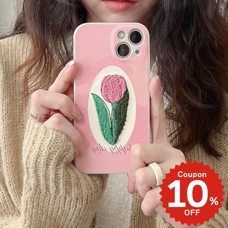 乐天商城 - iphone13 ケース 韓国 かわいい iphone12 mini ケース pro iphone11 アイフォン iPhone ケース iphone13 ケース iphonese ケース 刺繍 花 フラワー チューリップ ピンク レディース