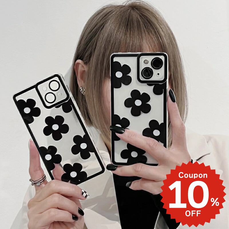 乐天商城 - iphone13 ケース 韓国 かわいい iphone12 mini ケース iphone12 pro ケース iphone11 アイフォン iPhone ケース iphonese ケース TPU スクエア フラワー 花 モノクロ シンプル レディース 女性